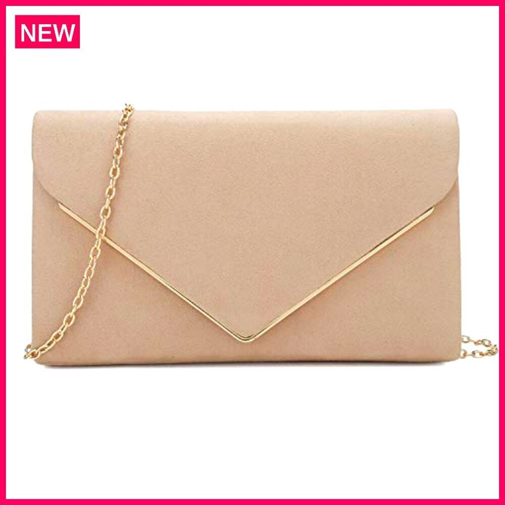 Faux Suede Clutch Bag with Metal Binding, Detachable Chain Strap for Evening - Picture 2 of 8